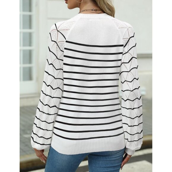 Zeagoo Womens Stripe White Crew Neck Eyelet Long Sleeves Kint Pullover Sweaters - Picture 4 of 5